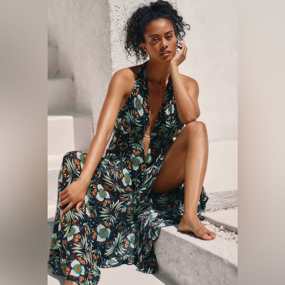 ANTHROPOLOGIE X Brenda Quinn V-Neck Halter maxi Dress xs tropical print - Picture 2 of 11